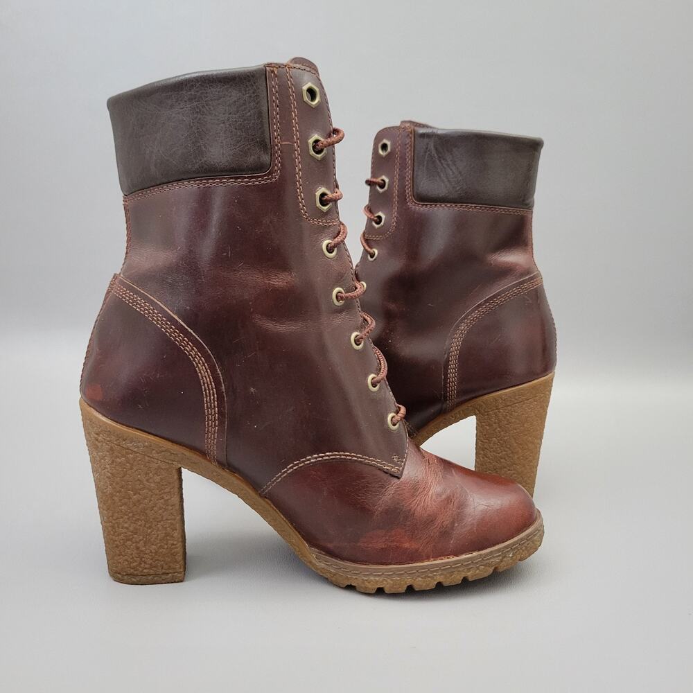 Timberland Glancy Brown Leather Heels Lace-up Ankle Booties Size 7 - Picture 3 of 12